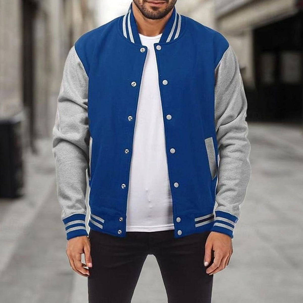 Men's Classic Snap-Front Varsity Bomber Jacket - Royal Blue