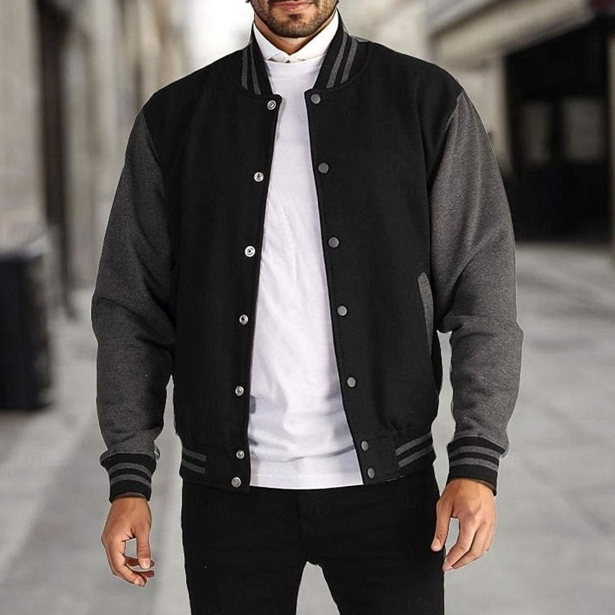 Men's Classic Snap-Front Varsity Bomber Jacket - Black