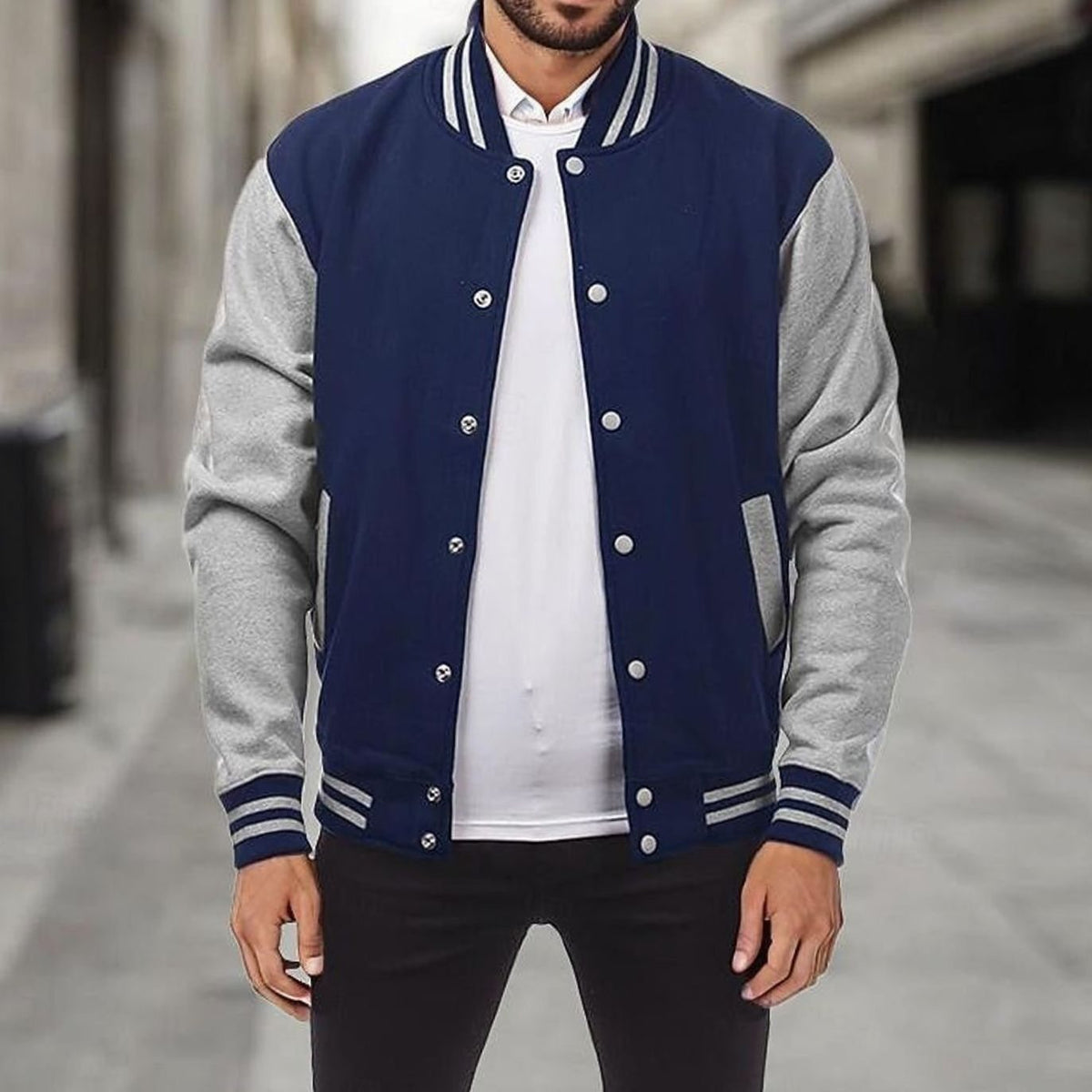 Men's Classic Snap-Front Varsity Bomber Jacket - Navy Blue