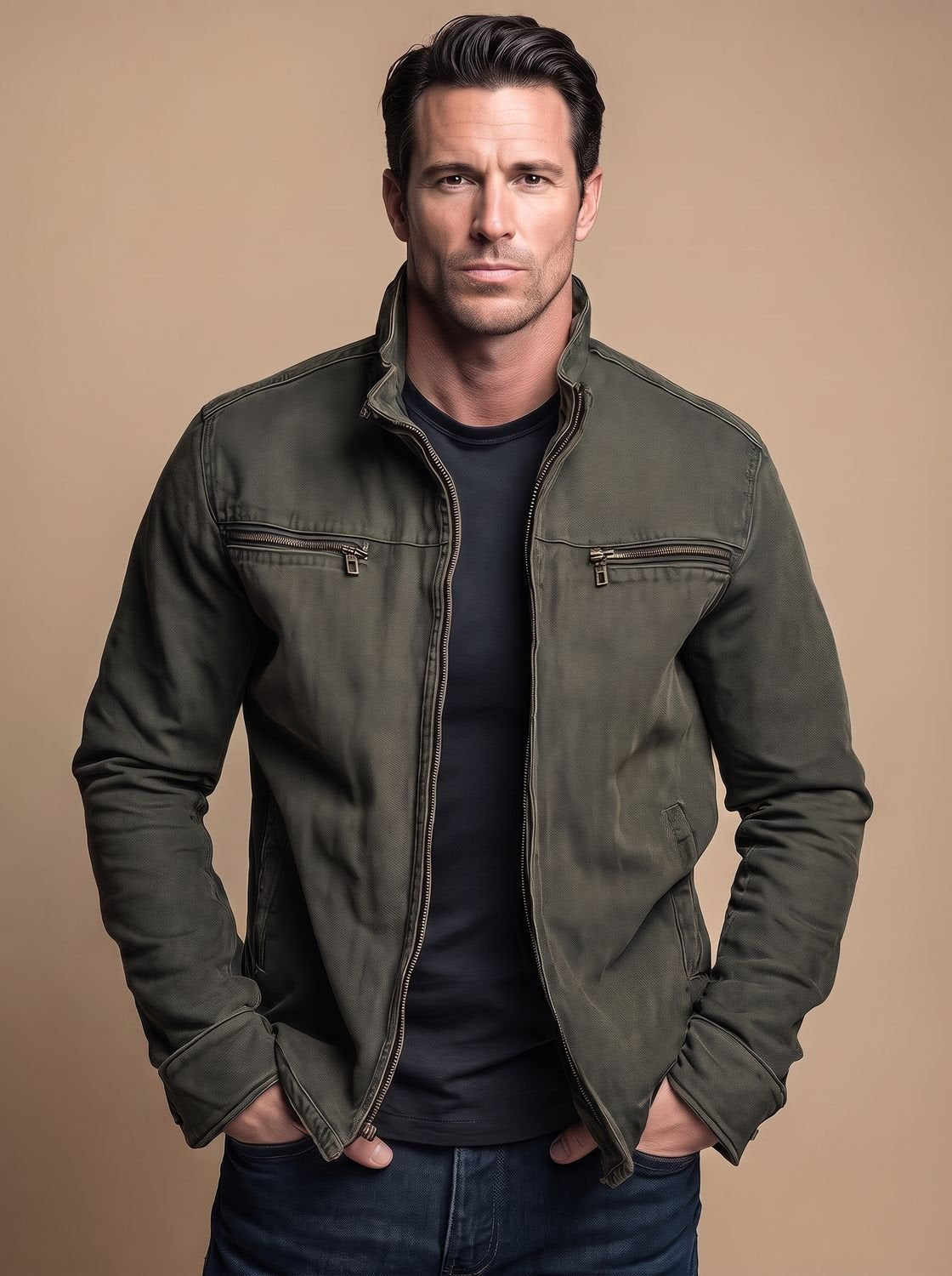 Men's Cotton Stand Collar Multi-Pocket Zip-Up Jacket