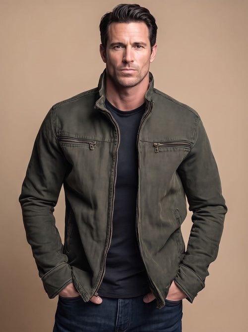 Men's Cotton Stand Collar Multi-Pocket Zip-Up Jacket