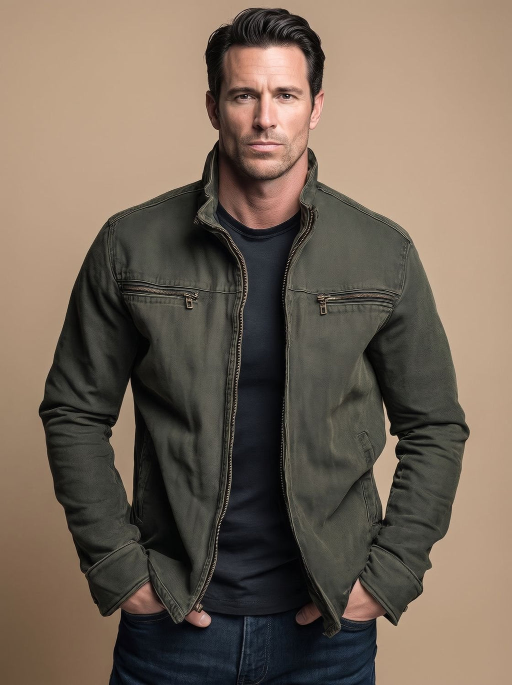 Men's Cotton Stand Collar Multi-Pocket Zip-Up Jacket - Army Green