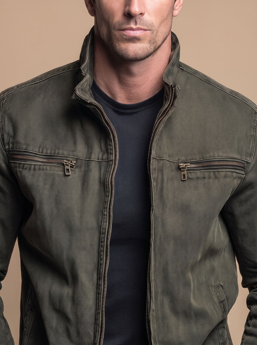 Men's Cotton Stand Collar Multi-Pocket Zip-Up Jacket