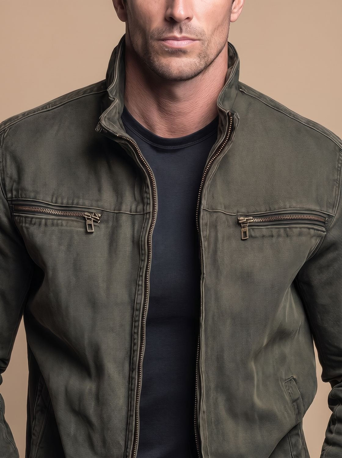 Men's Cotton Stand Collar Multi-Pocket Zip-Up Jacket