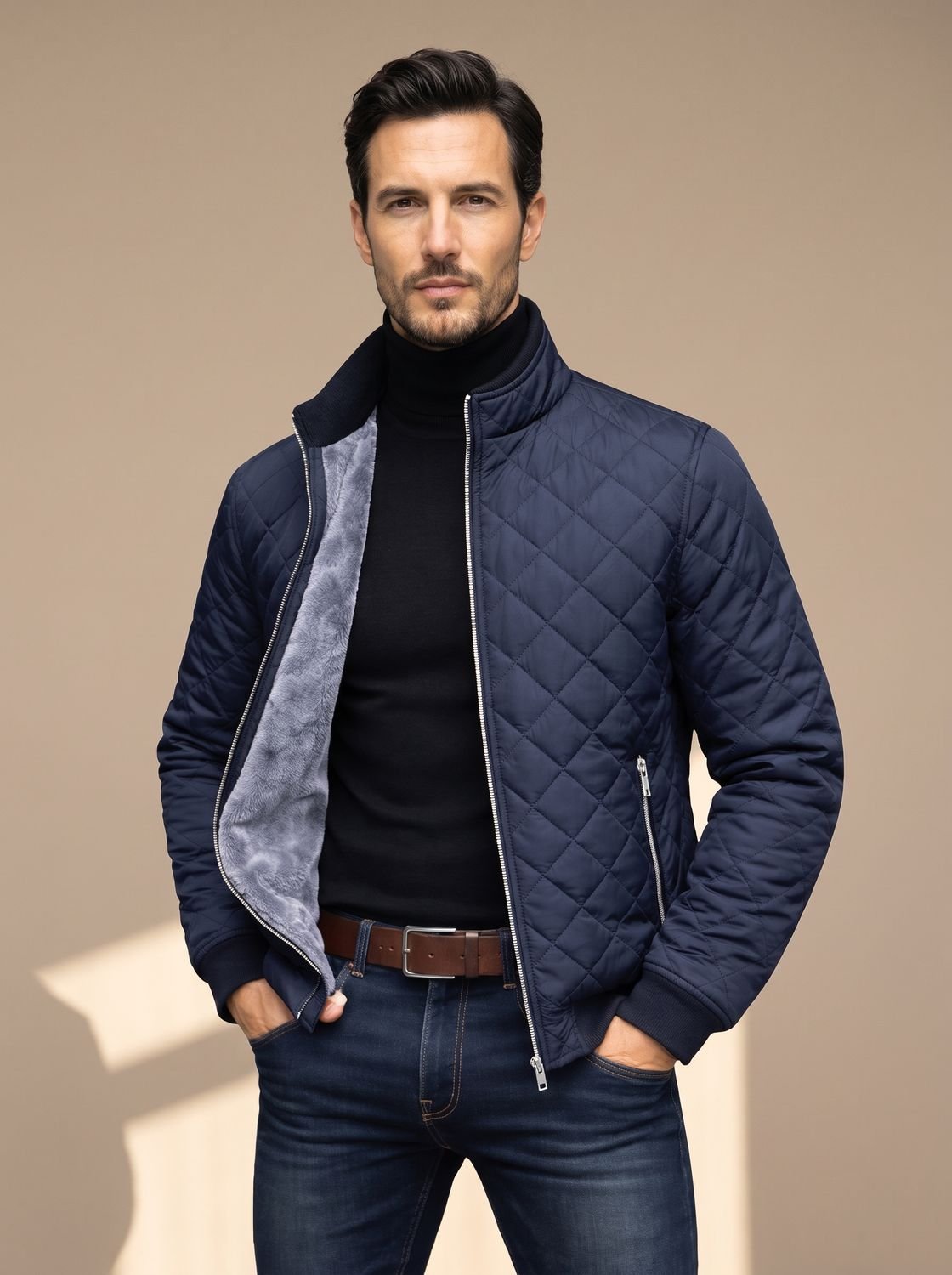 Men's Slim Diamond-Quilted Jacket with Brushed Fleece Lining - Navy Blue
