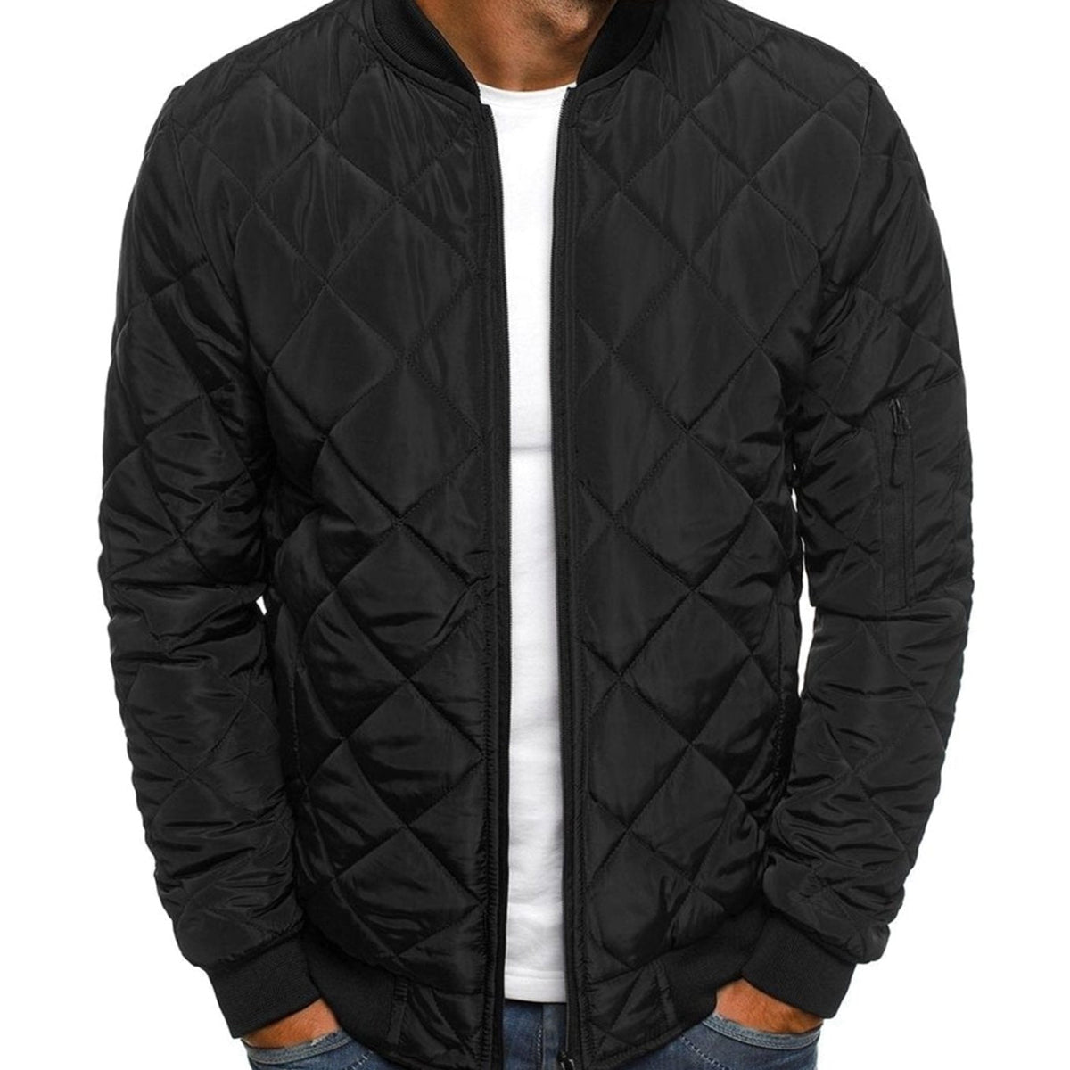 Men's Diamond-Quilted Full-Zip Bomber Jacket - Black
