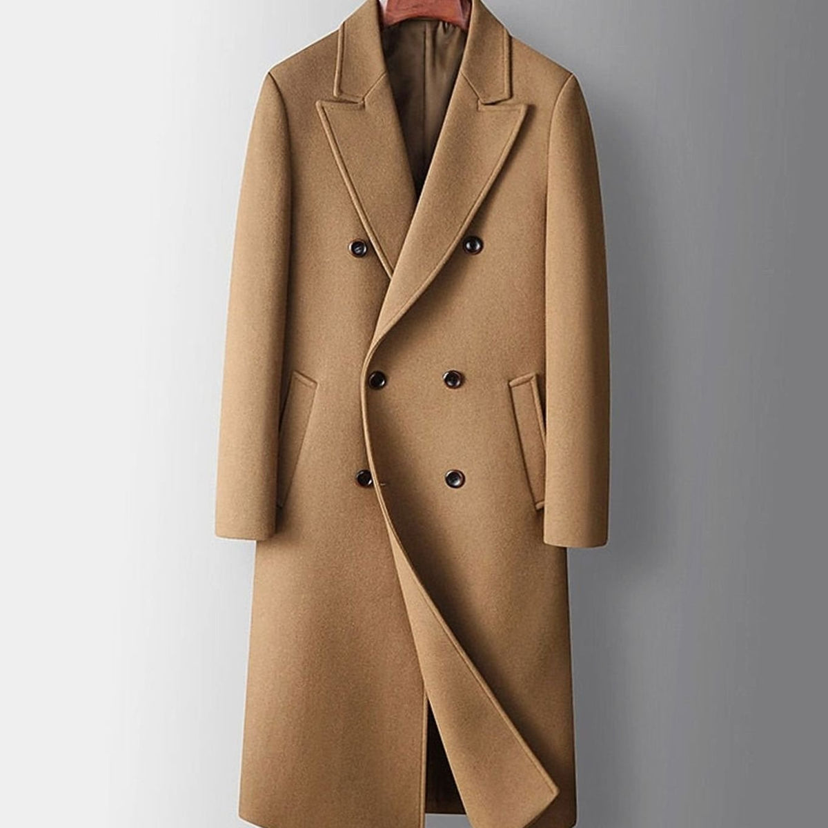 Men's Double-Breasted Wool Overcoat with Peak Lapels - Khaki