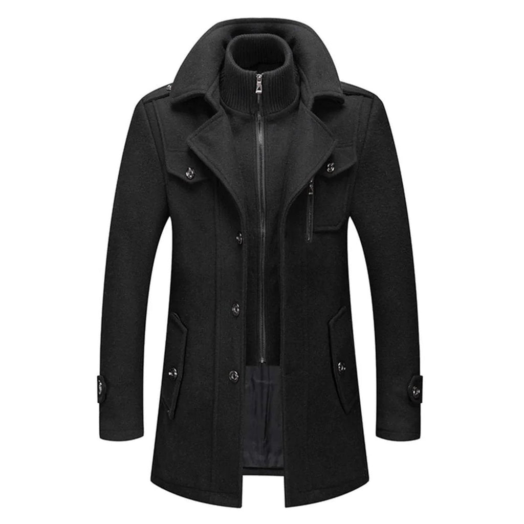 Men's Wool Blend Single-Breasted Layered Overcoat - Black
