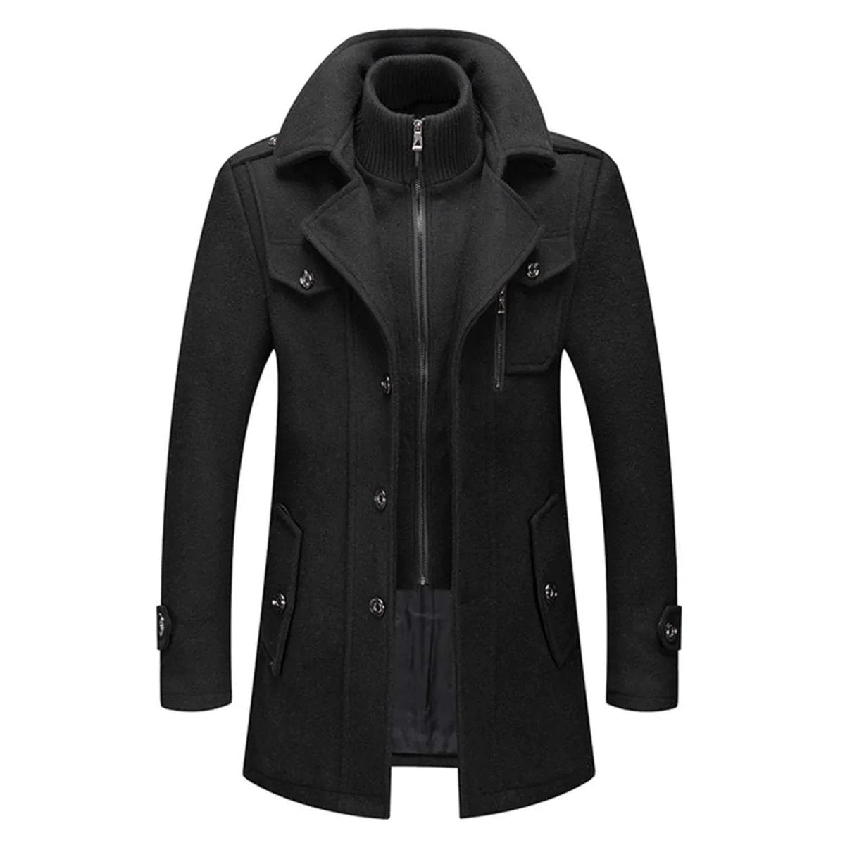 Men's Wool Blend Single-Breasted Layered Overcoat - Black