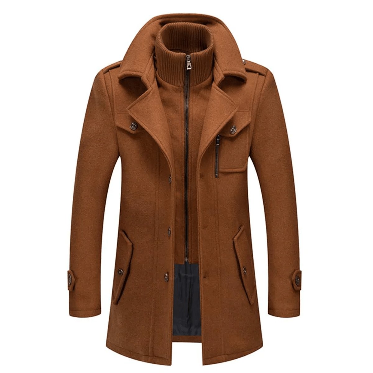 Men's Wool Blend Single-Breasted Layered Overcoat - Brown
