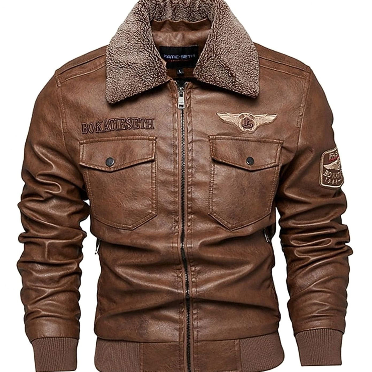 Men's Faux Leather Aviator Bomber Jacket With Sherpa Collar - Coffee Brown