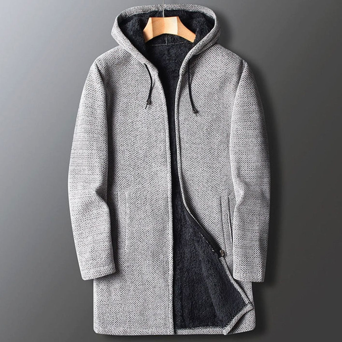 Men's Fleece-Lined Longline Coat with Drawstring Hood - Light Gray