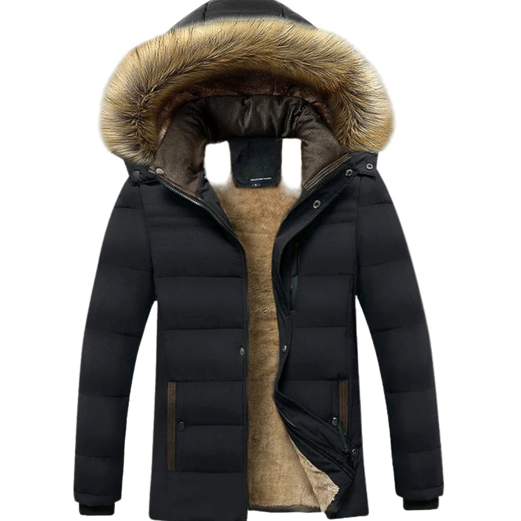 Men's Fleece-Lined Quilted Jacket With Detachable Fur-Trim Hood