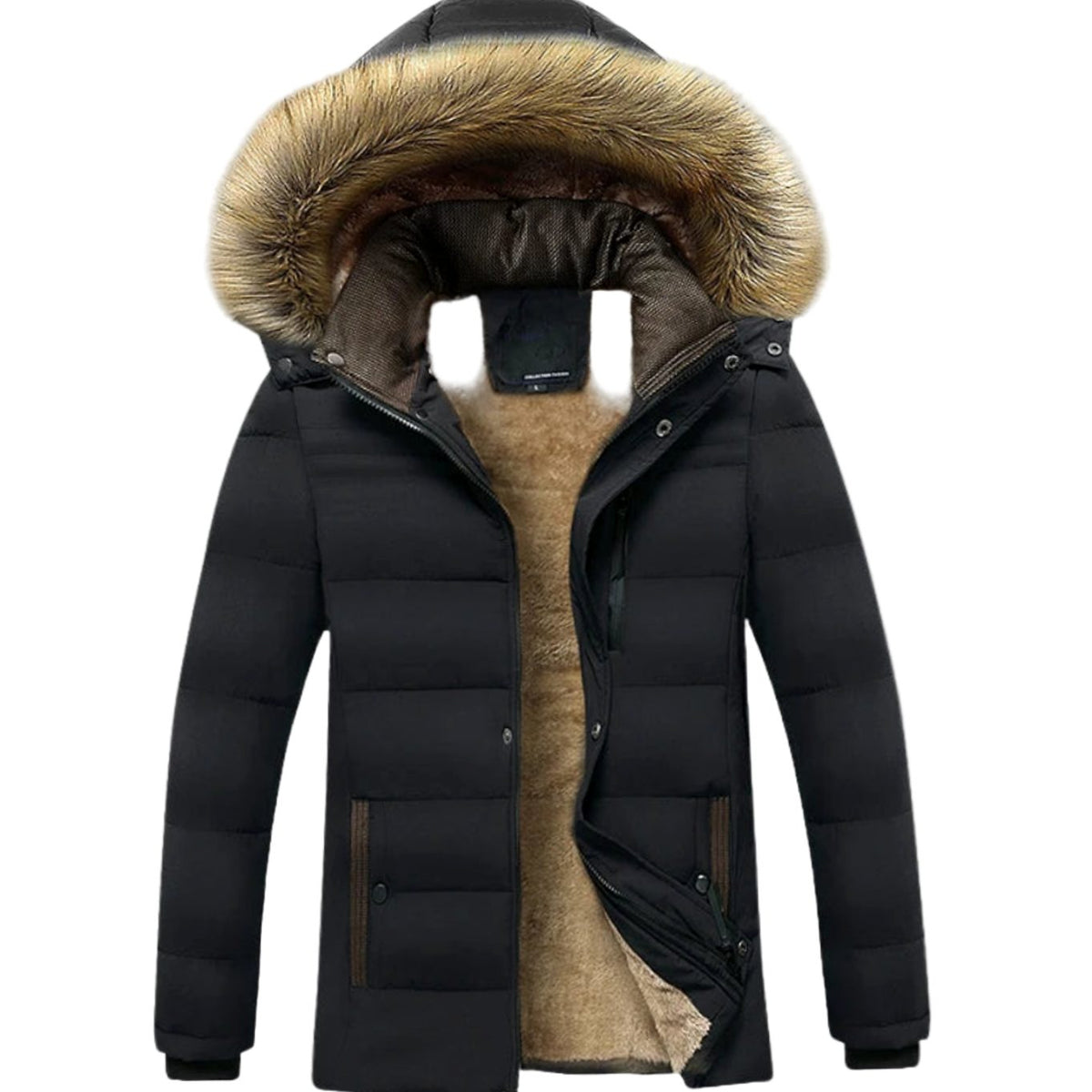Men's Fleece-Lined Quilted Jacket With Detachable Fur-Trim Hood