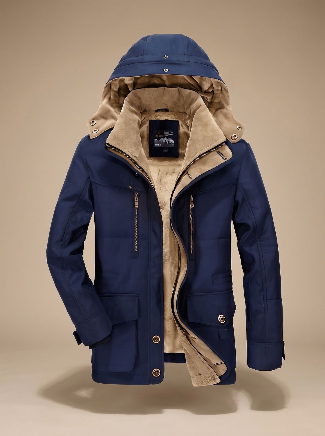 Men's Fleece-Lined Cargo Parka with Detachable Hood - Blue