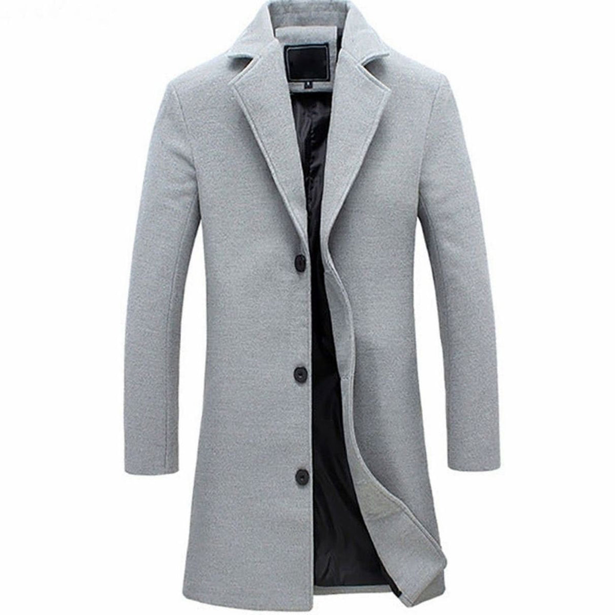 Men's Three-Button Single-Breasted Long Overcoat - Black