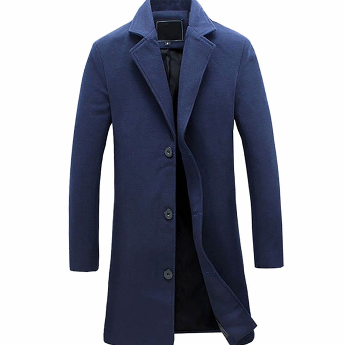 Men's Three-Button Single-Breasted Long Overcoat - Navy Blue