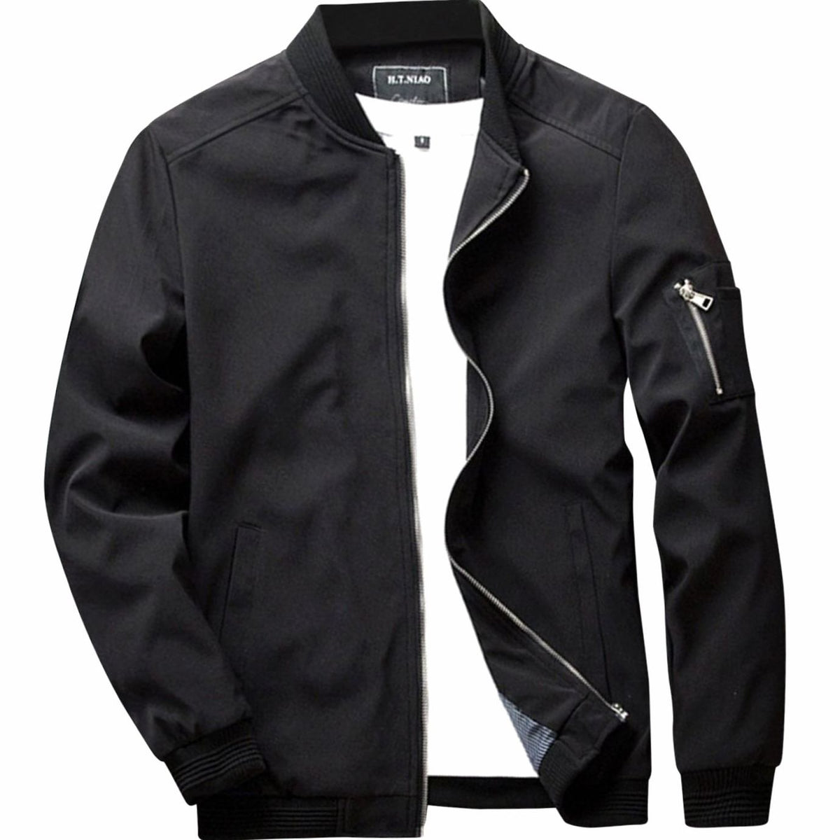Men's Ribbed-Collar Lightweight Bomber Jacket - Black