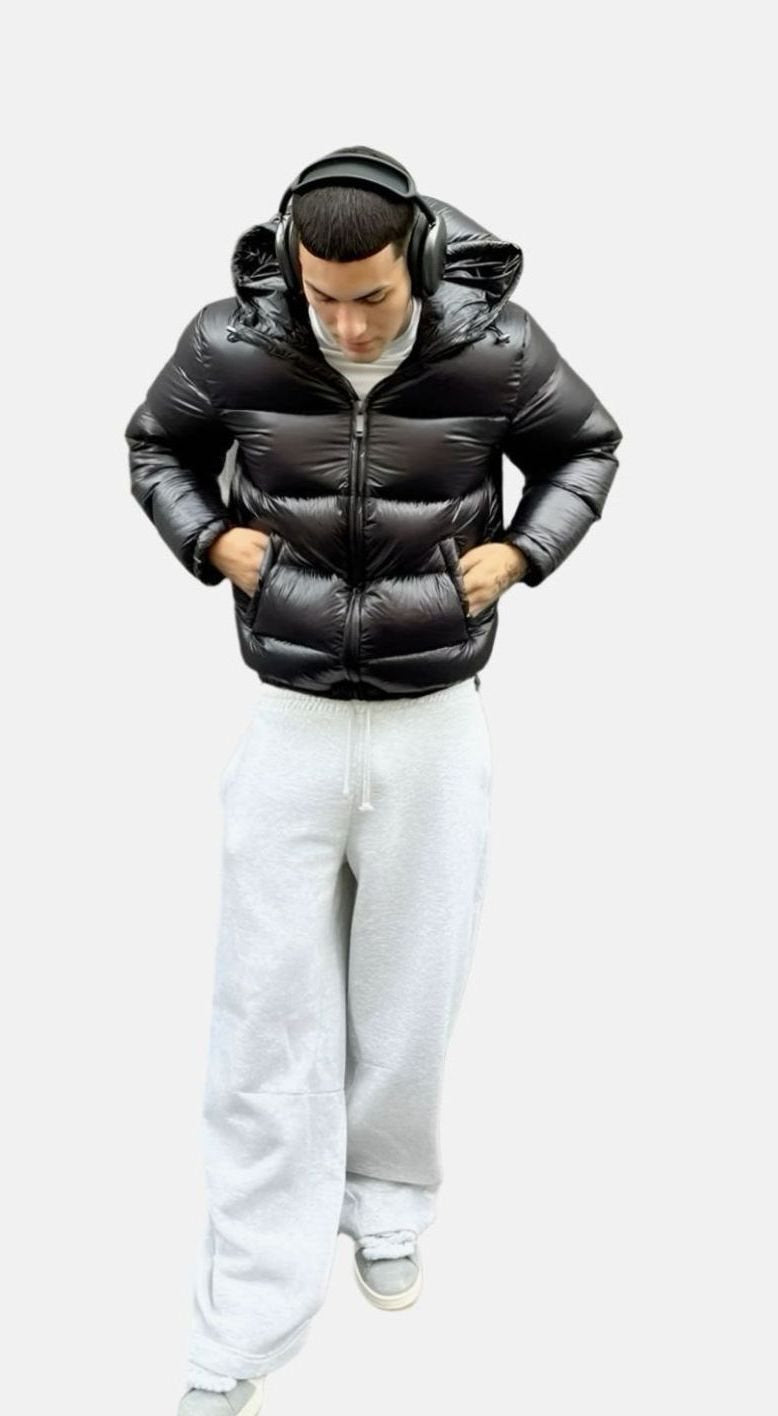 Men's Glossy Quilted Hooded Puffer Jacket - Black