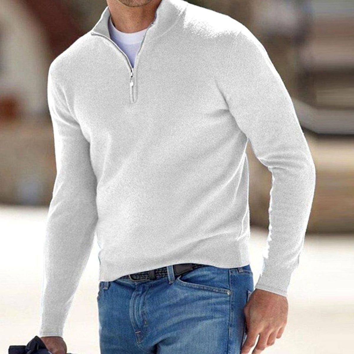 Men's Slim-Fit Half-Zip Stand Collar Sweater - White