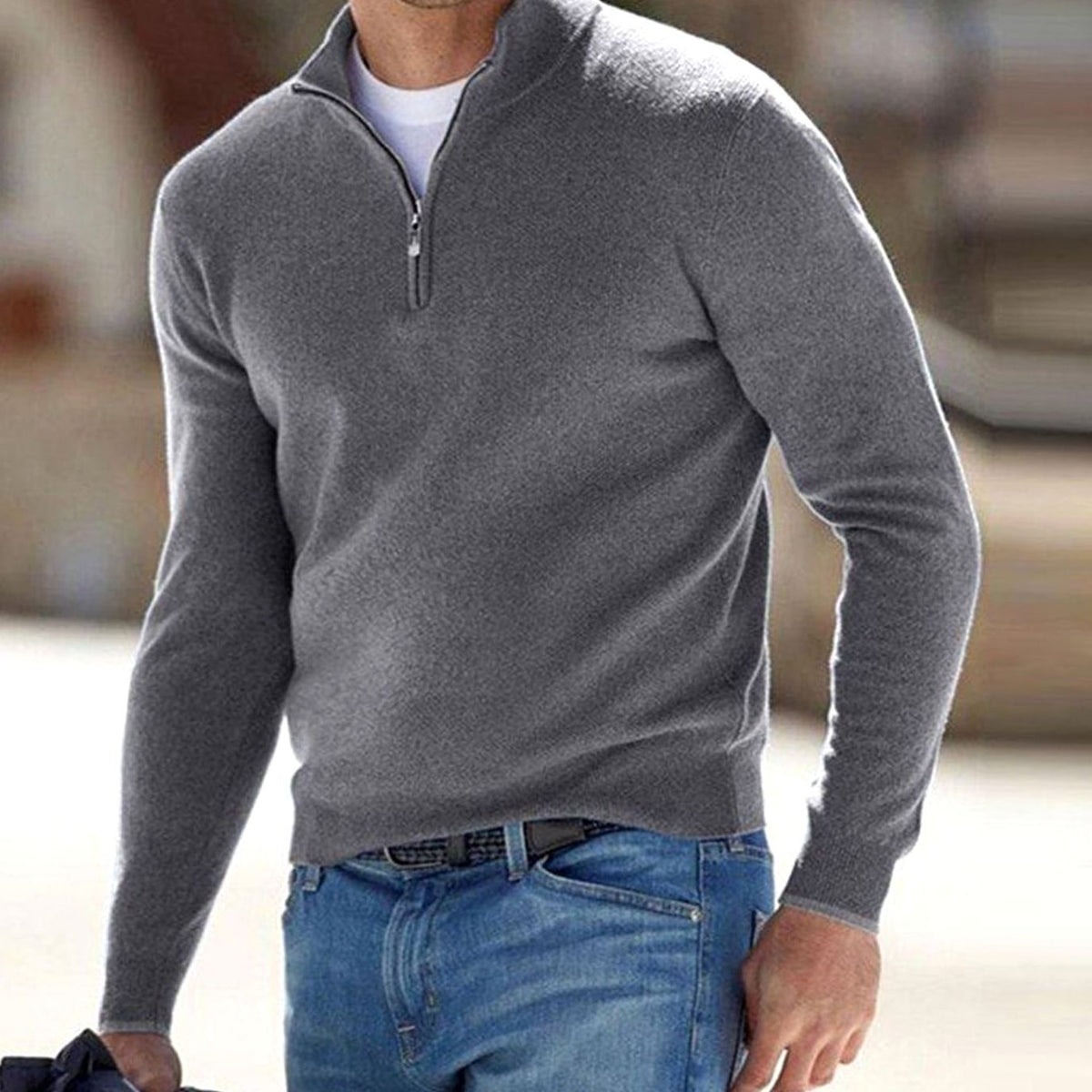 Men's Slim-Fit Half-Zip Stand Collar Sweater - Gray