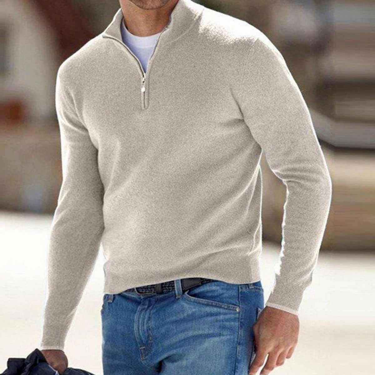 Men's Slim-Fit Half-Zip Stand Collar Sweater - Beige