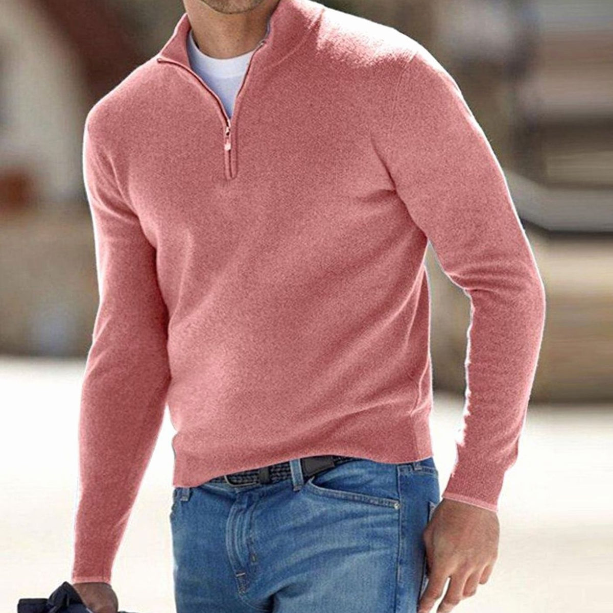 Men's Slim-Fit Half-Zip Stand Collar Sweater - Pink