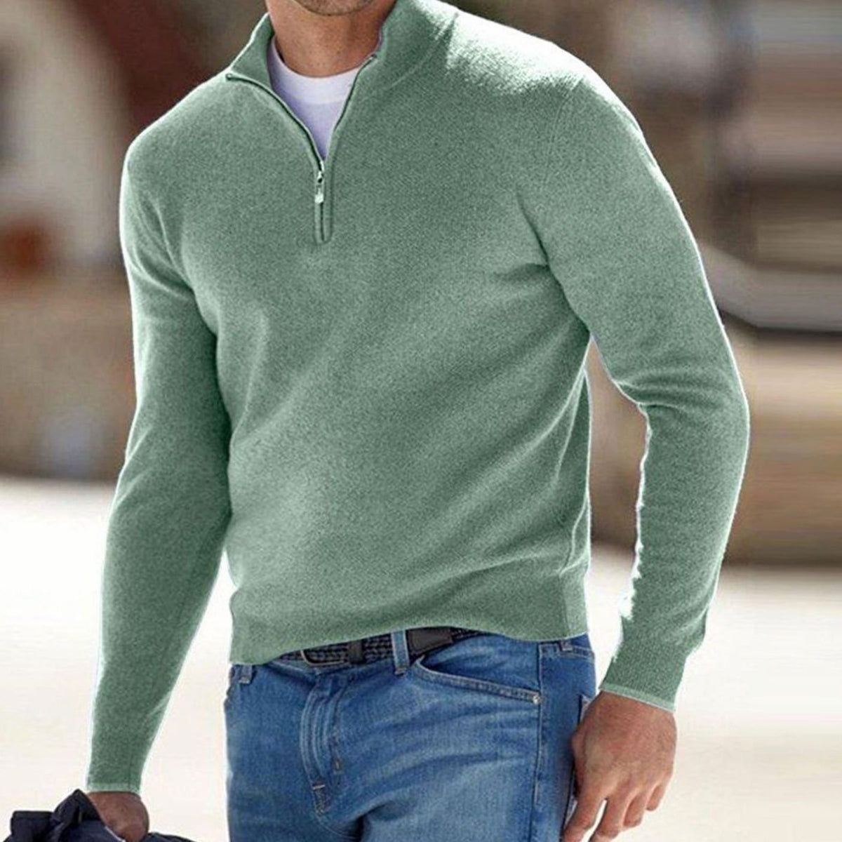 Men's Slim-Fit Half-Zip Stand Collar Sweater - Green