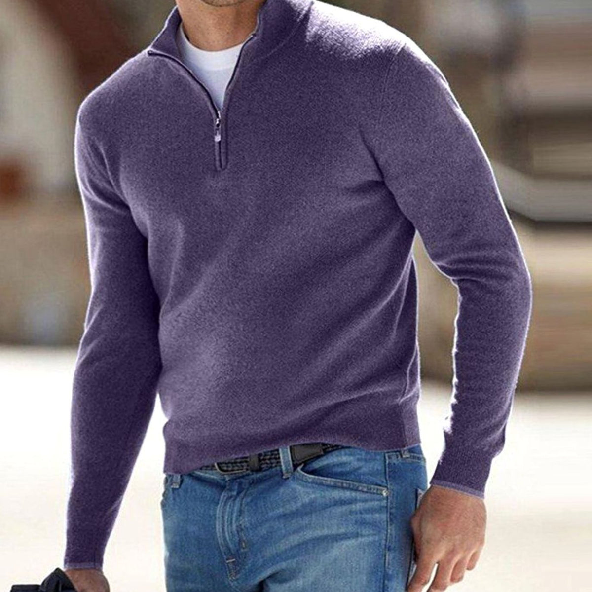 Men's Slim-Fit Half-Zip Stand Collar Sweater - Purple