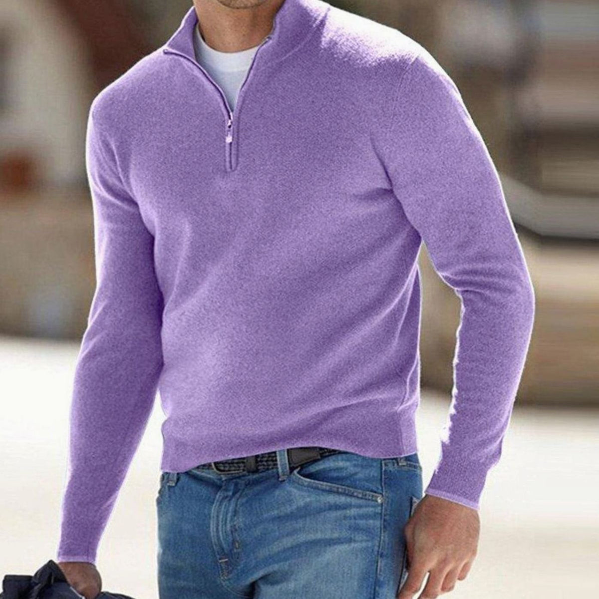 Men's Slim-Fit Half-Zip Stand Collar Sweater - Light Purple