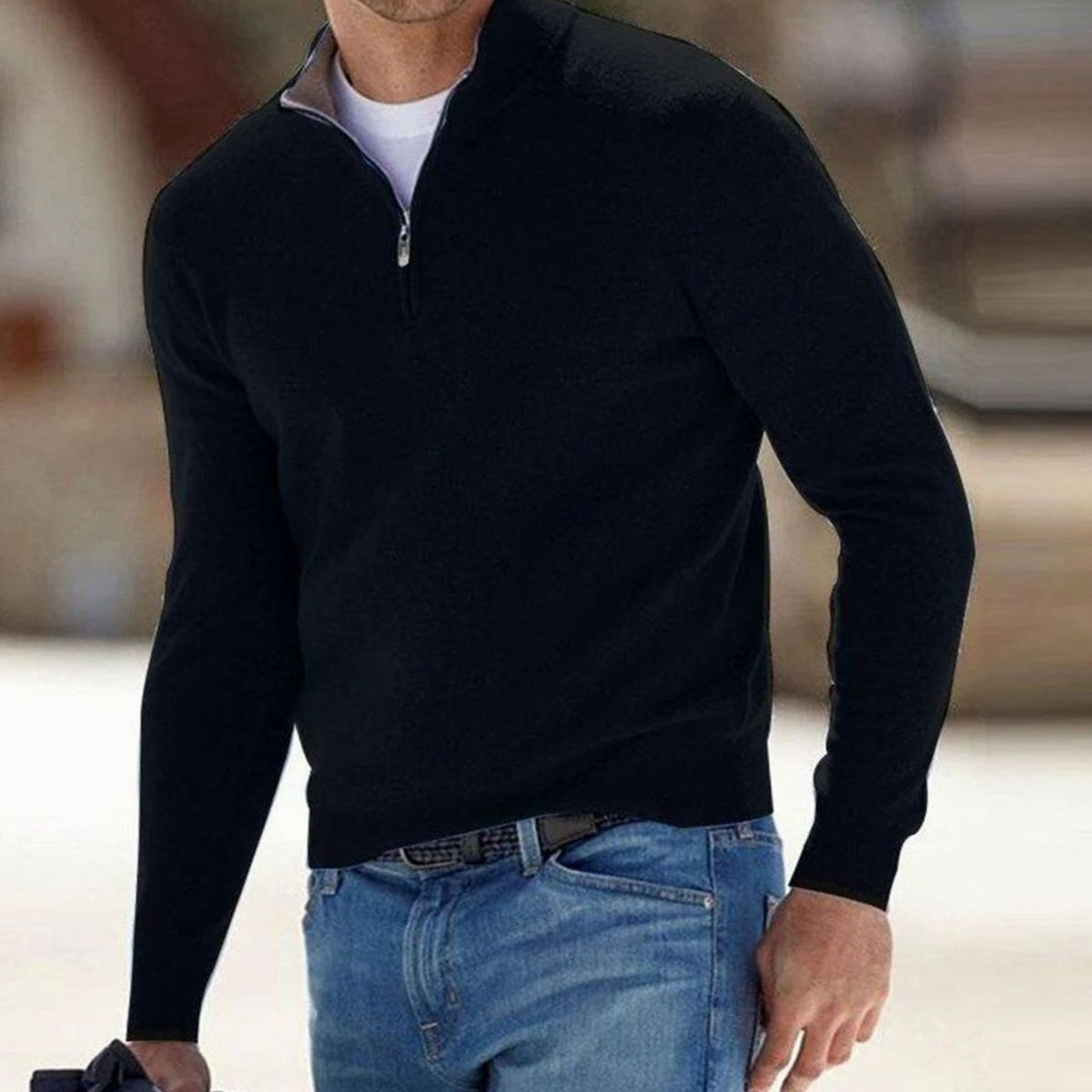 Men's Slim-Fit Half-Zip Stand Collar Sweater - Black