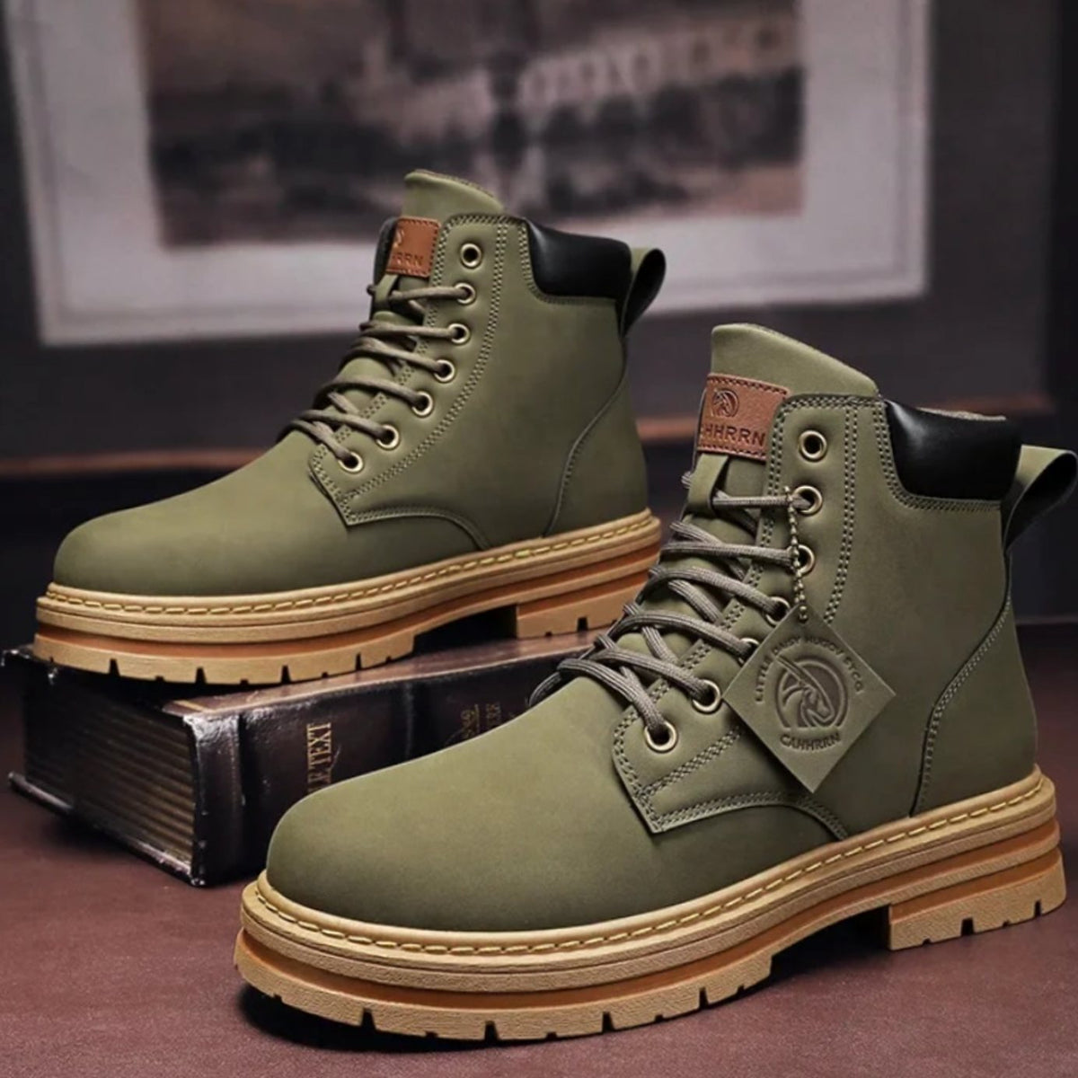 Men's Heavy-Duty Lace-Up Ankle Boots with Lugged Sole - Green