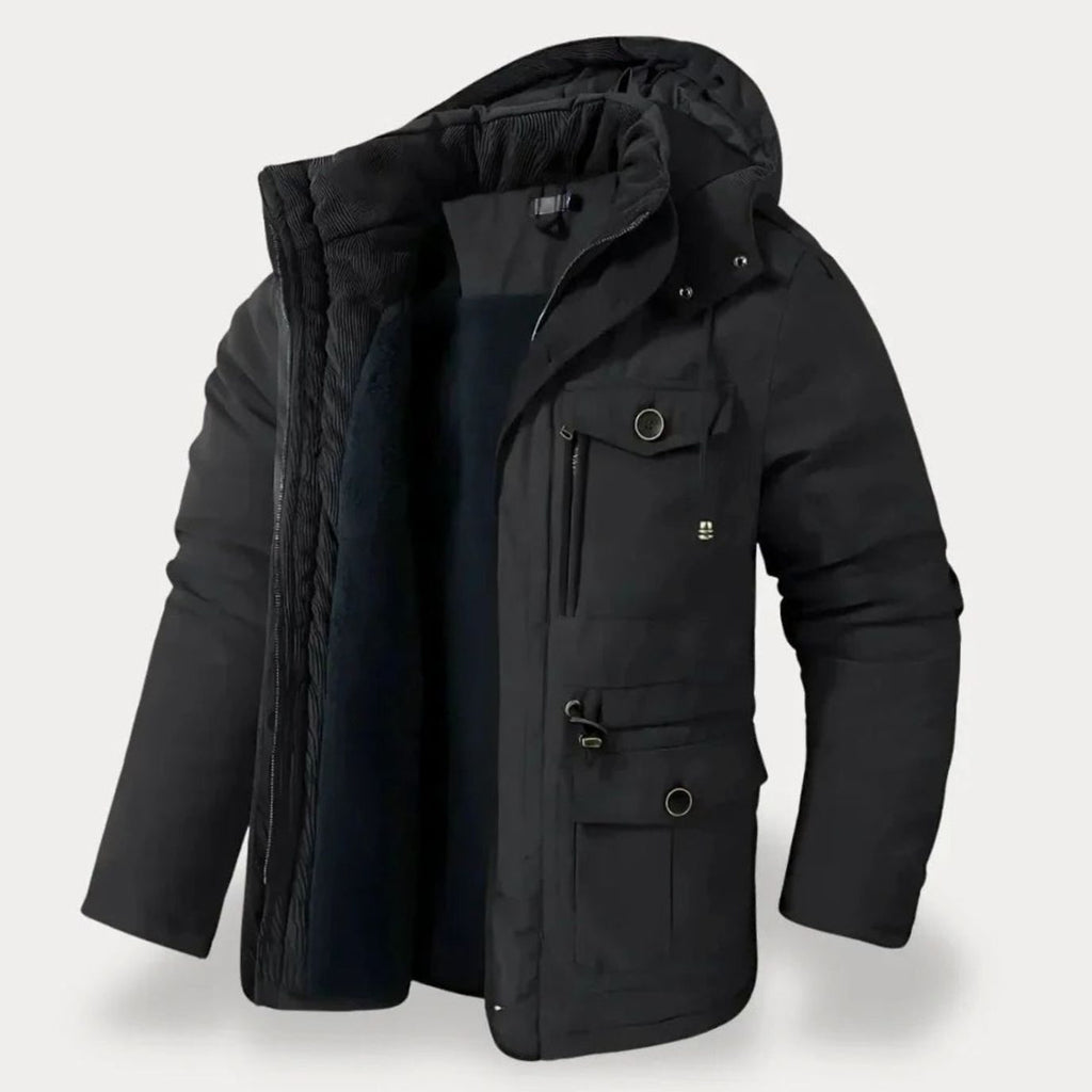 Men's Insulated Multi-Pocket Hooded Parka Jacket - Black