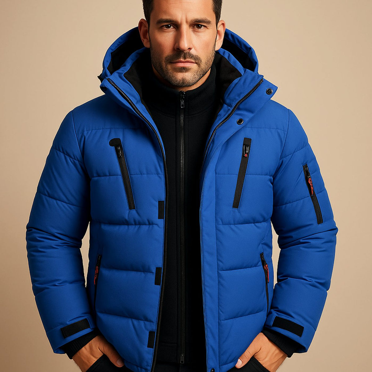 Men's Heavy-Duty Water-Resistant Hooded Puffer Jacket - Blue