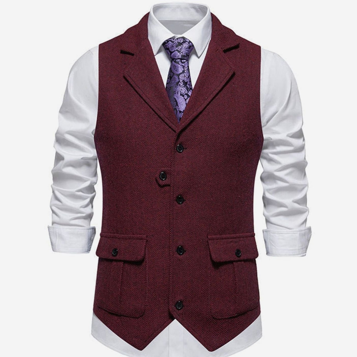 Men's Herringbone Notch Lapel Button-Front Vest - Red