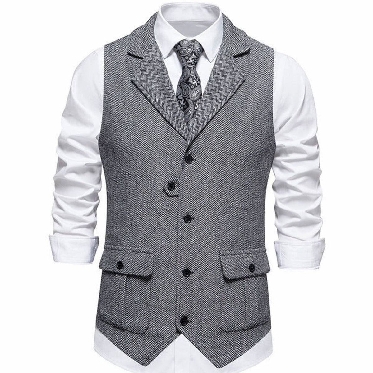 Men's Herringbone Notch Lapel Button-Front Vest - Light Gray