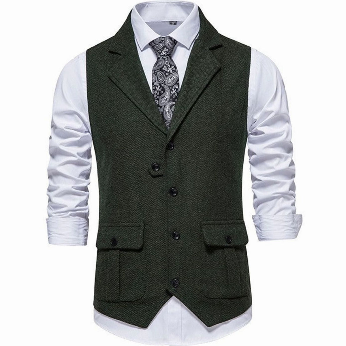 Men's Herringbone Notch Lapel Button-Front Vest - Green