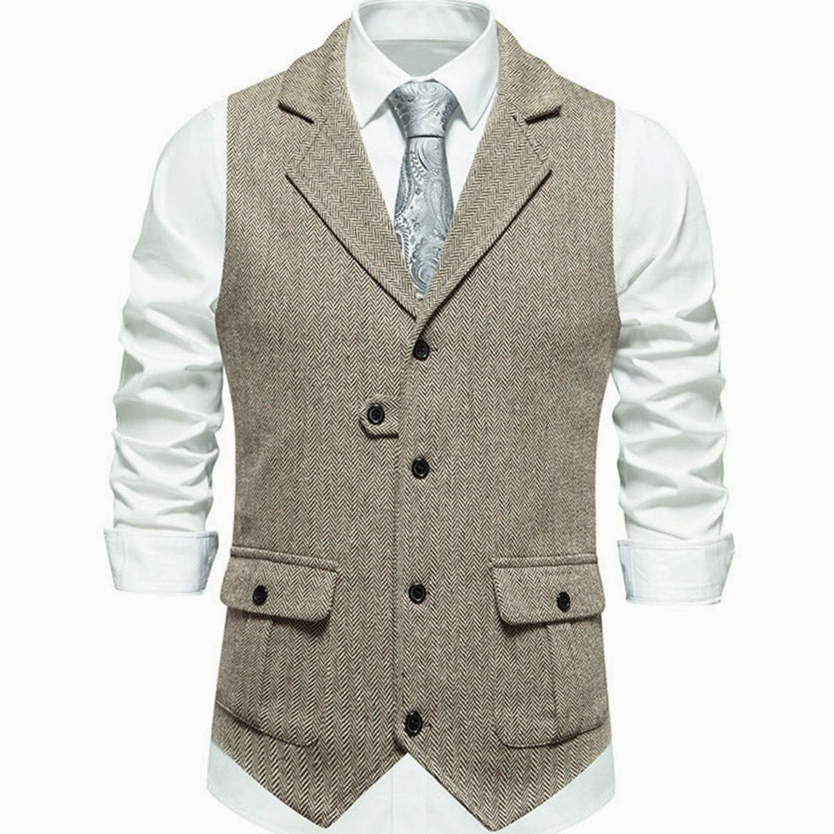 Men's Herringbone Notch Lapel Button-Front Vest - Beige