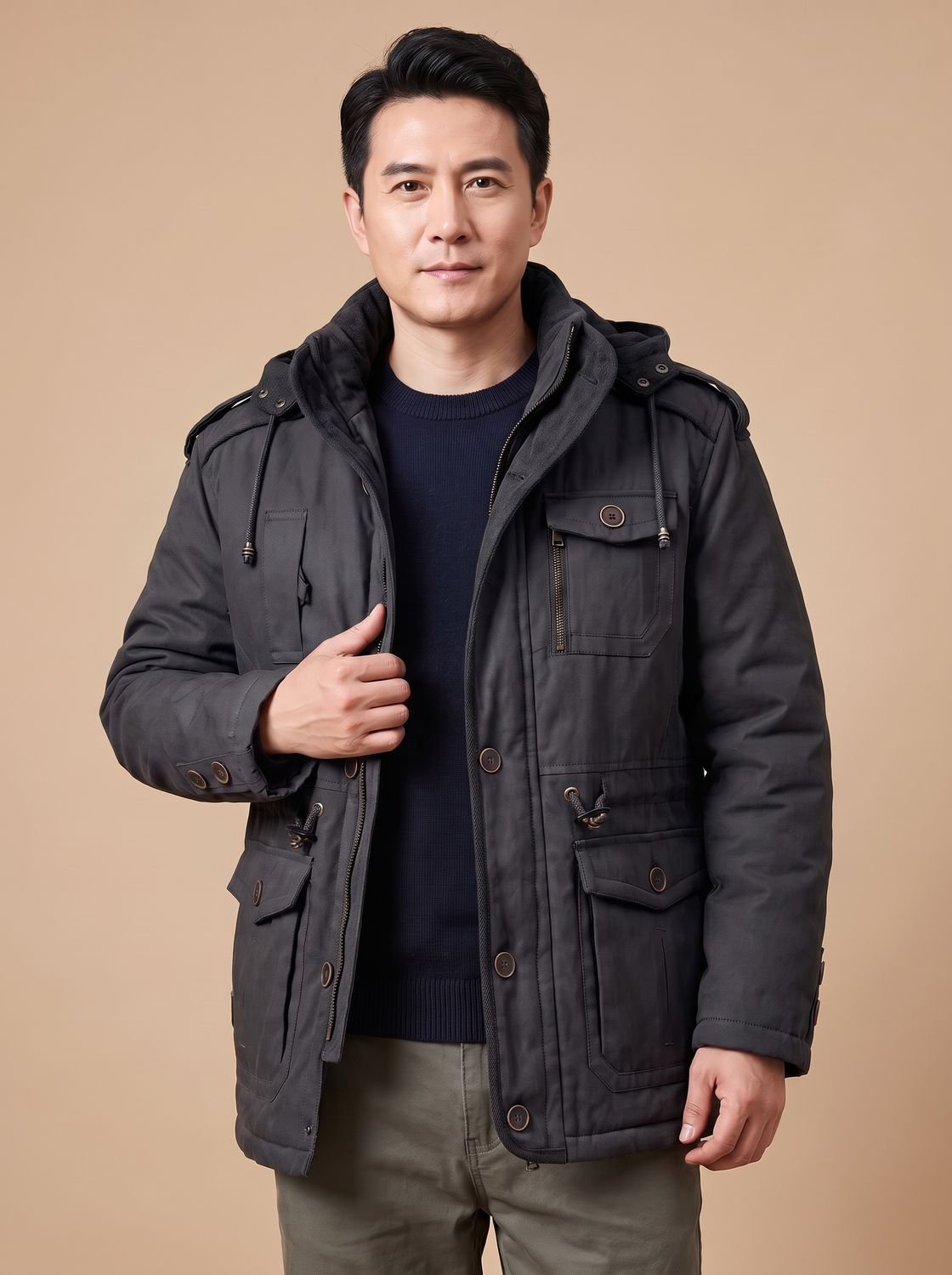 Men's Insulated Military Parka with Removable Hood - Black