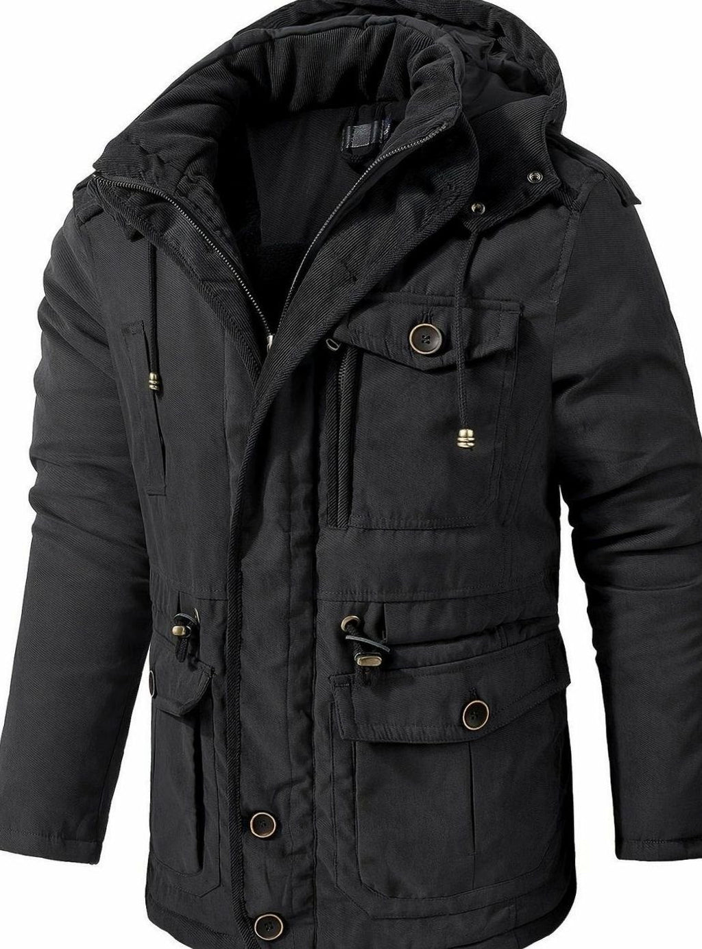 Men's Insulated Multi-Pocket Utility Jacket with Drawstring Hood - Black