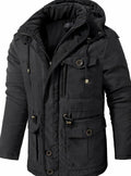 Men's Insulated Multi-Pocket Utility Jacket with Drawstring Hood - Black