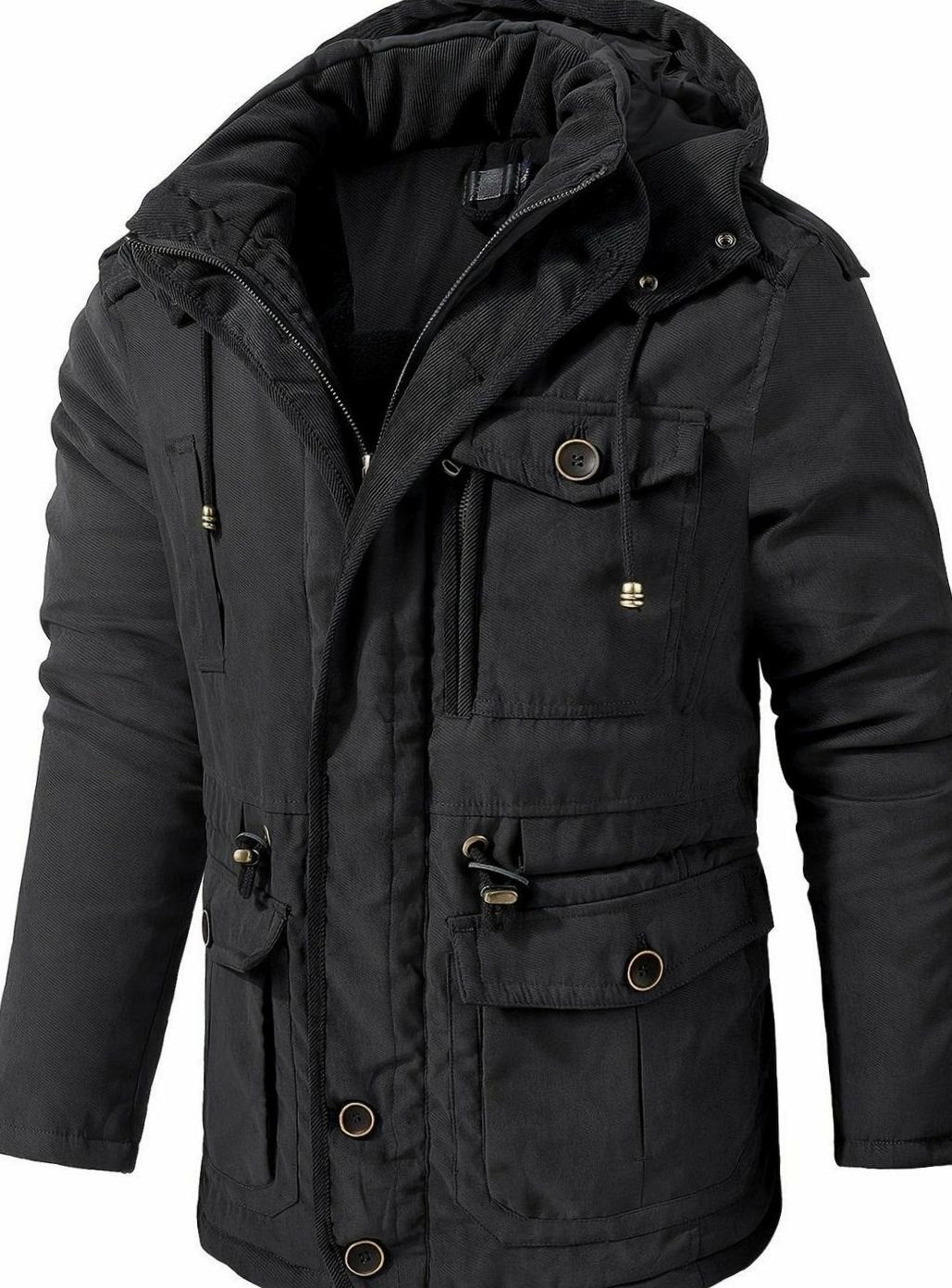 Men's Insulated Multi-Pocket Utility Jacket with Drawstring Hood - Black