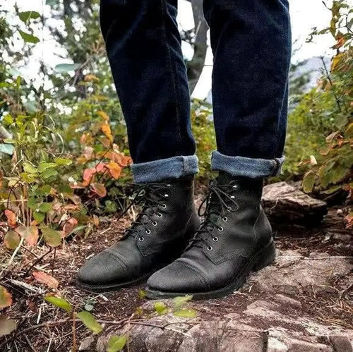 Men's Cap-Toe Faux Leather Ankle Boots - Black
