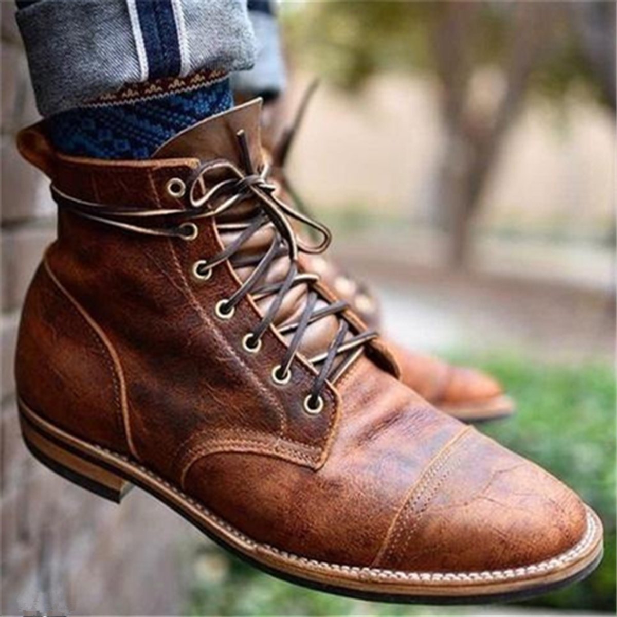 Men's Cap-Toe Faux Leather Ankle Boots