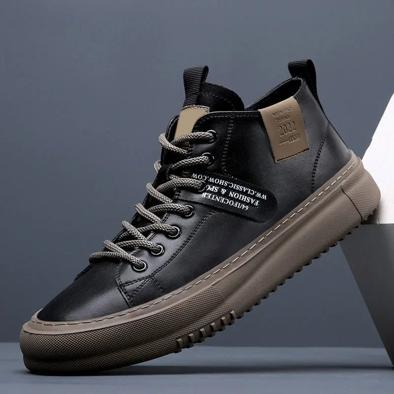 Men's High-Top Leather Sneakers - Black