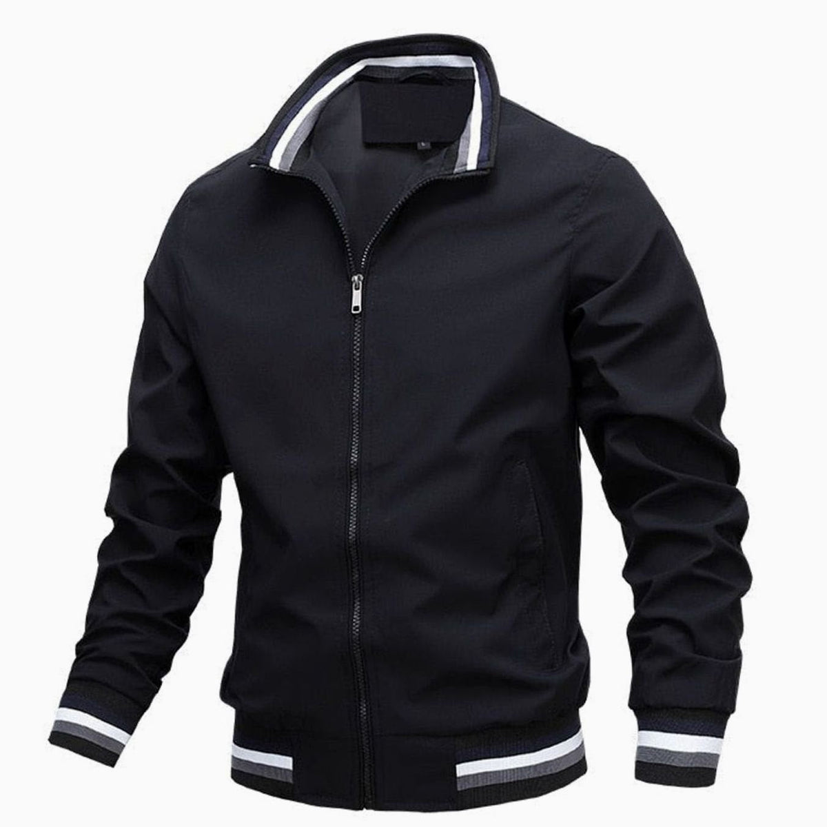 Men's Stand-Collar Ribbed Bomber Jacket - Black
