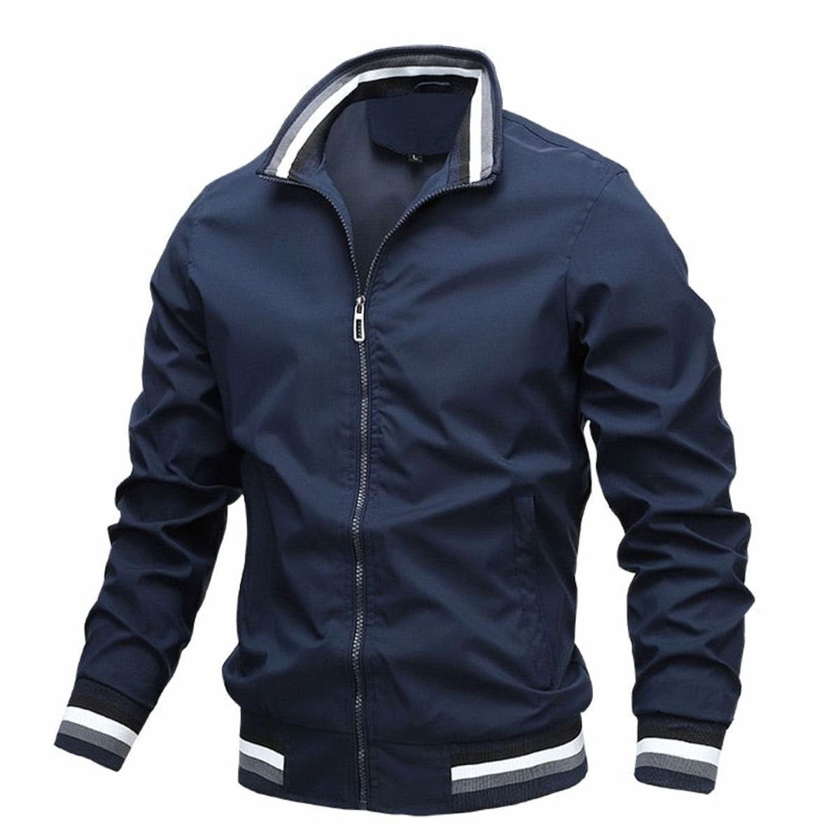 Men's Stand-Collar Ribbed Bomber Jacket - Dark Blue
