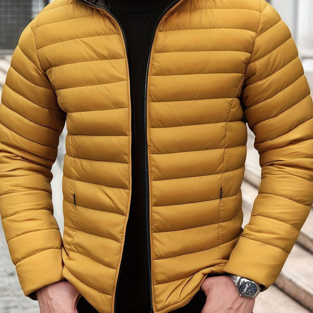 Men's Horizontal-Quilted Packable Zip-Up Puffer Jacket - Yellow