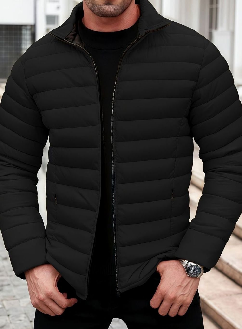 Men's Horizontal-Quilted Packable Zip-Up Puffer Jacket