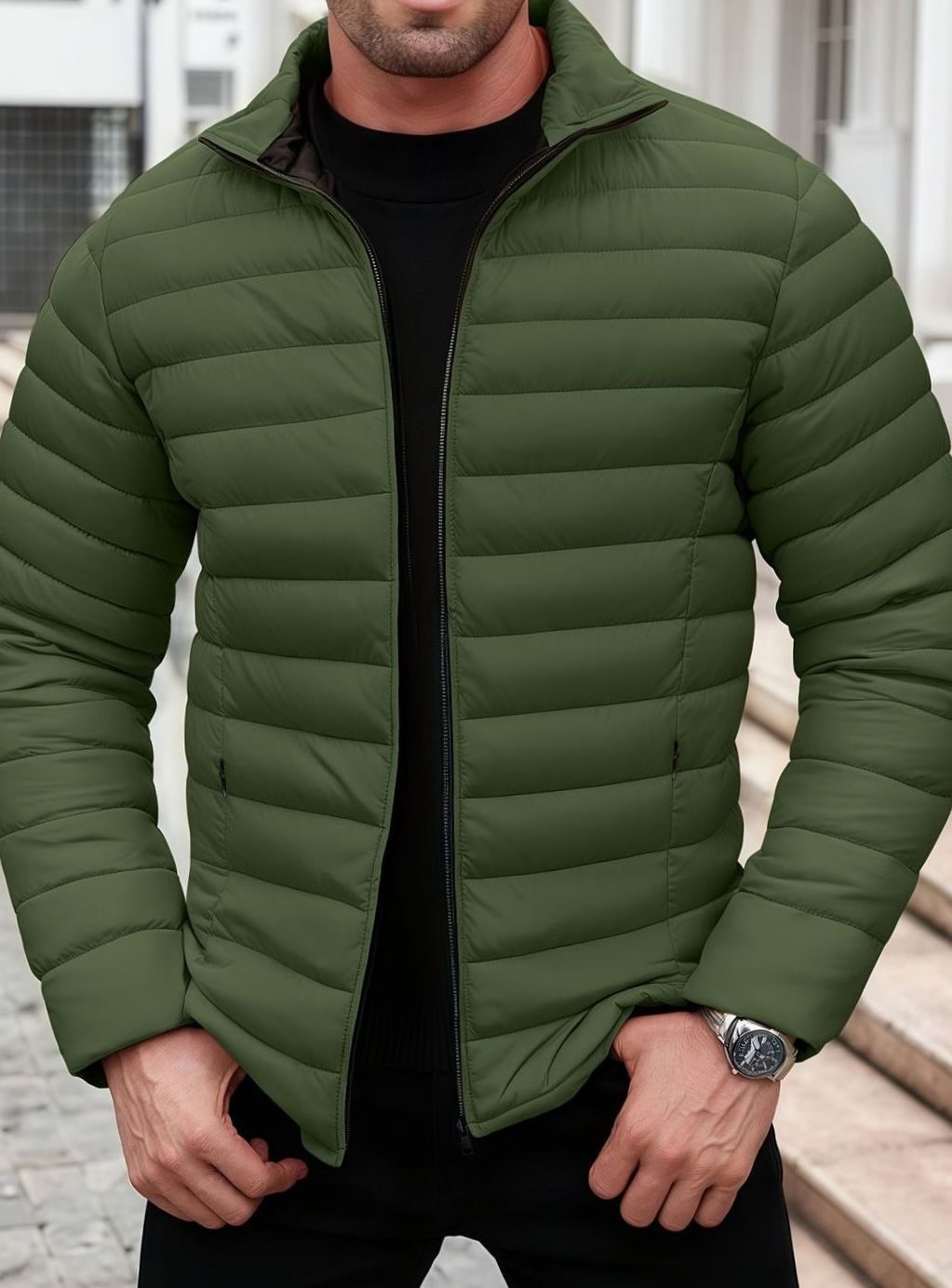 Men's Horizontal-Quilted Packable Zip-Up Puffer Jacket